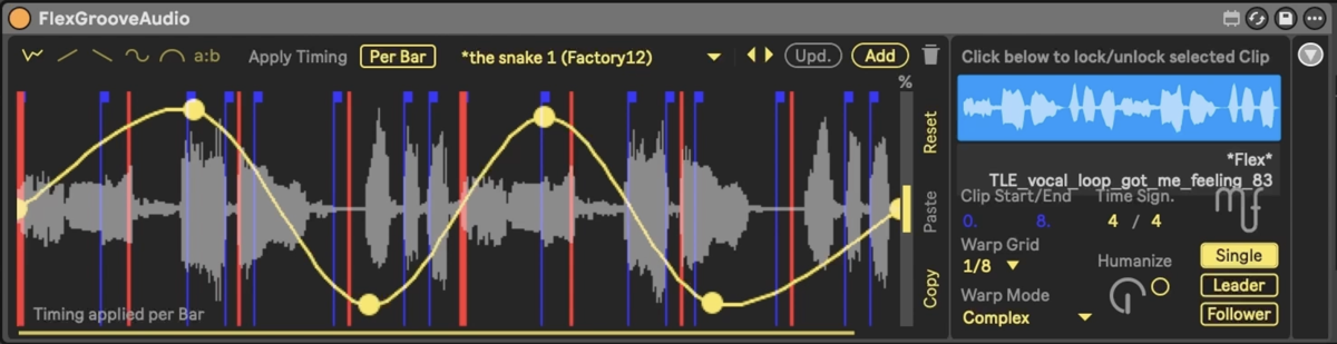 FlexGrooveAudio Max for Live device interface showing audio waveform manipulation